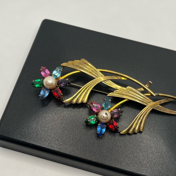 Flower SYMMETALIC rhinestone Vintage STERLING Silver 14KT Gold Brooch Pin - Picture 4 of 16